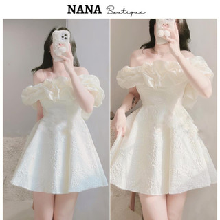 Váy hoa xốp trễ vai bồng bềnh dễ thương, đầm dự tiệc tiểu thư xinh xắn