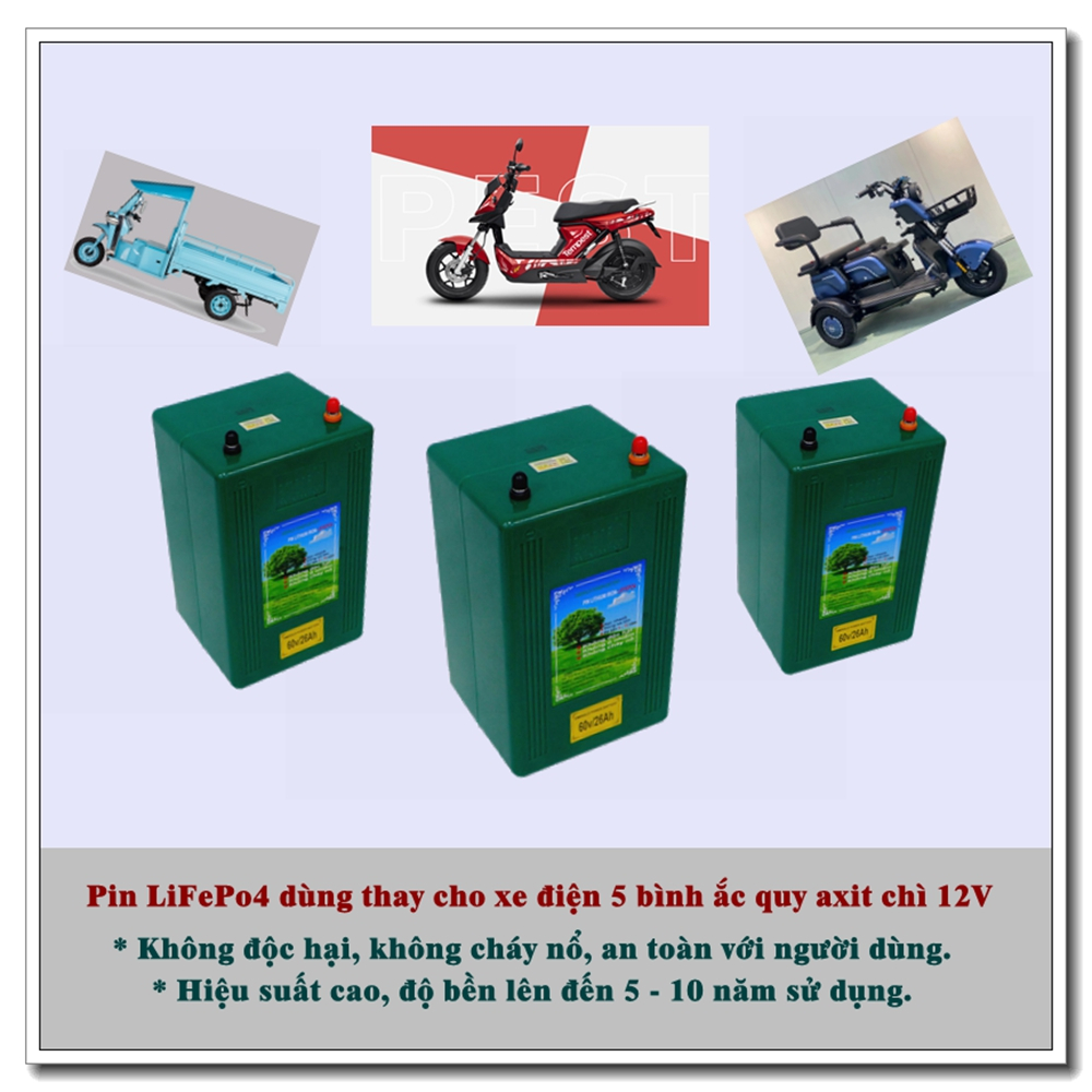 Pin Lithium (LiFePo4) 60V32.5Ah cho xe máy điện, Xe điện 3 bánh hệ 5 bình Acquy Axit Chì 12V
