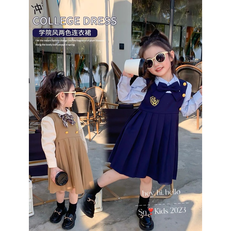 (9-32kg) sỉ váy đồng phục thu đông phối nơ style tây đính khuy có khoá kéo vải chéo hàn xịn sò