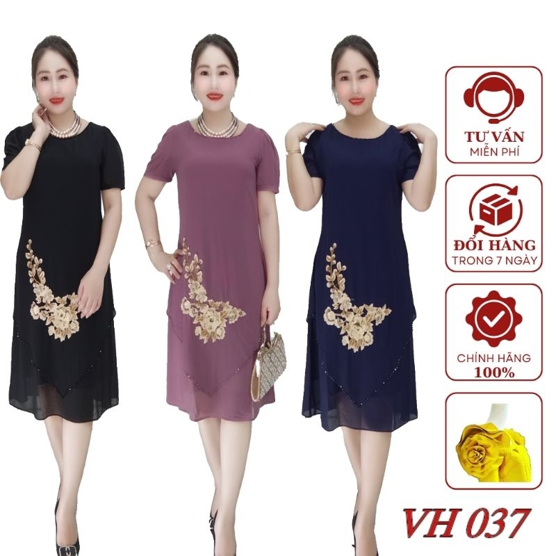 Váy đầm trung niên VH037 Là mầu đầm suông dáng A ,Đính bông kế đá kim sa sang chảnh