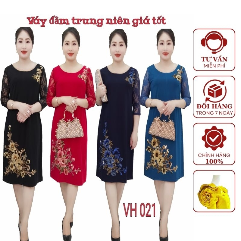 Váy đầm trung niên VH021 phốI hoa đính kim sa, tay zen nỡ sang chảnh lịch lãm,fom body dáng suông A
