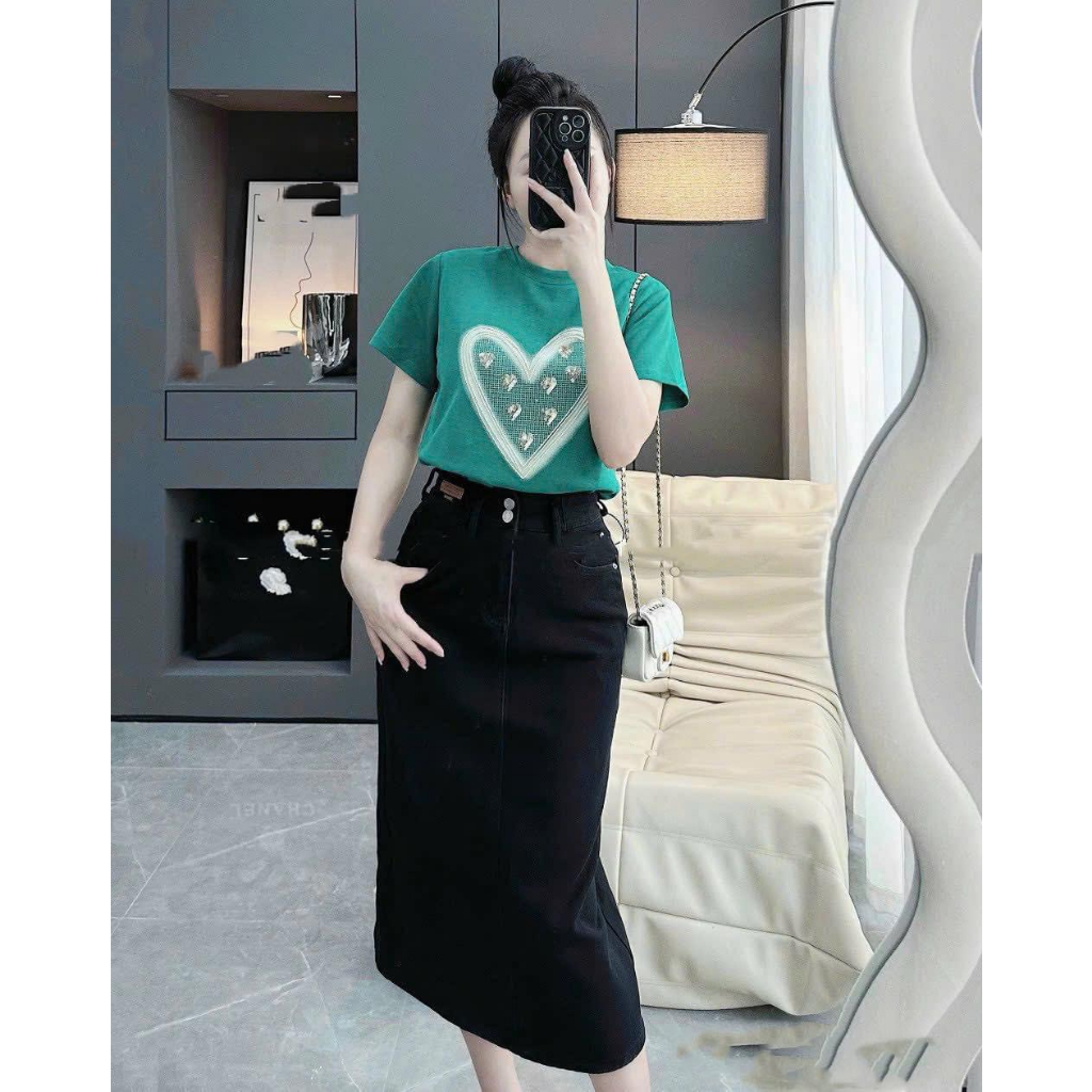 Set áo phông tim cao cấp kèm chân váy xẻ TH871