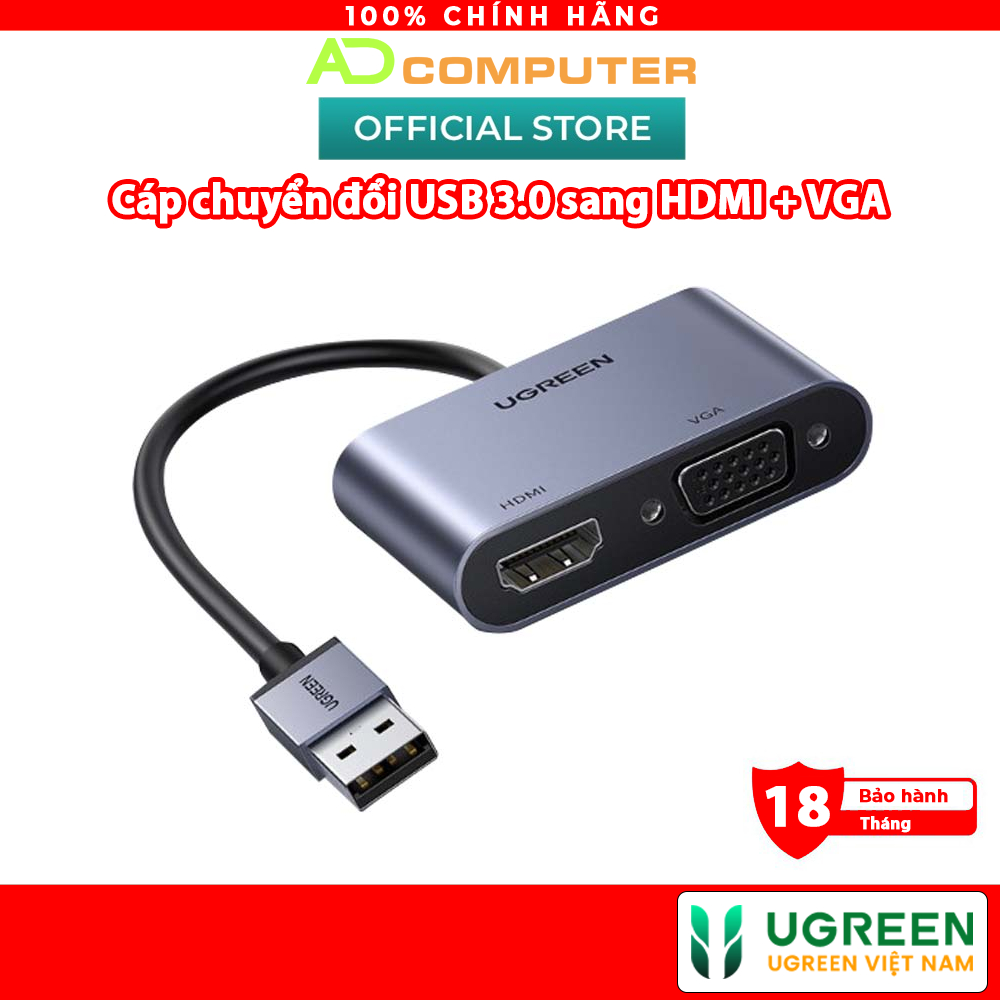 Cáp chuyển đổi USB 3.0 sang HDMI + VGA 1080P/60Hz cao cấp Ugreen 20518 - Hàng chính hãng (Dùng 2 màn hình độc lập))