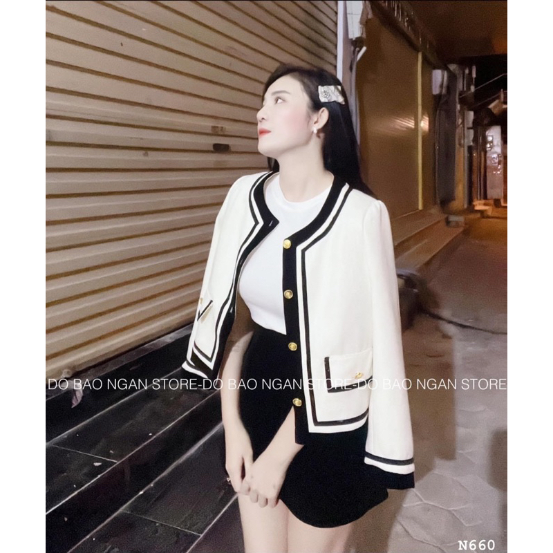 ÁO KHOÁC DẠ TRẮNG VIỀN PHỐI ĐEN