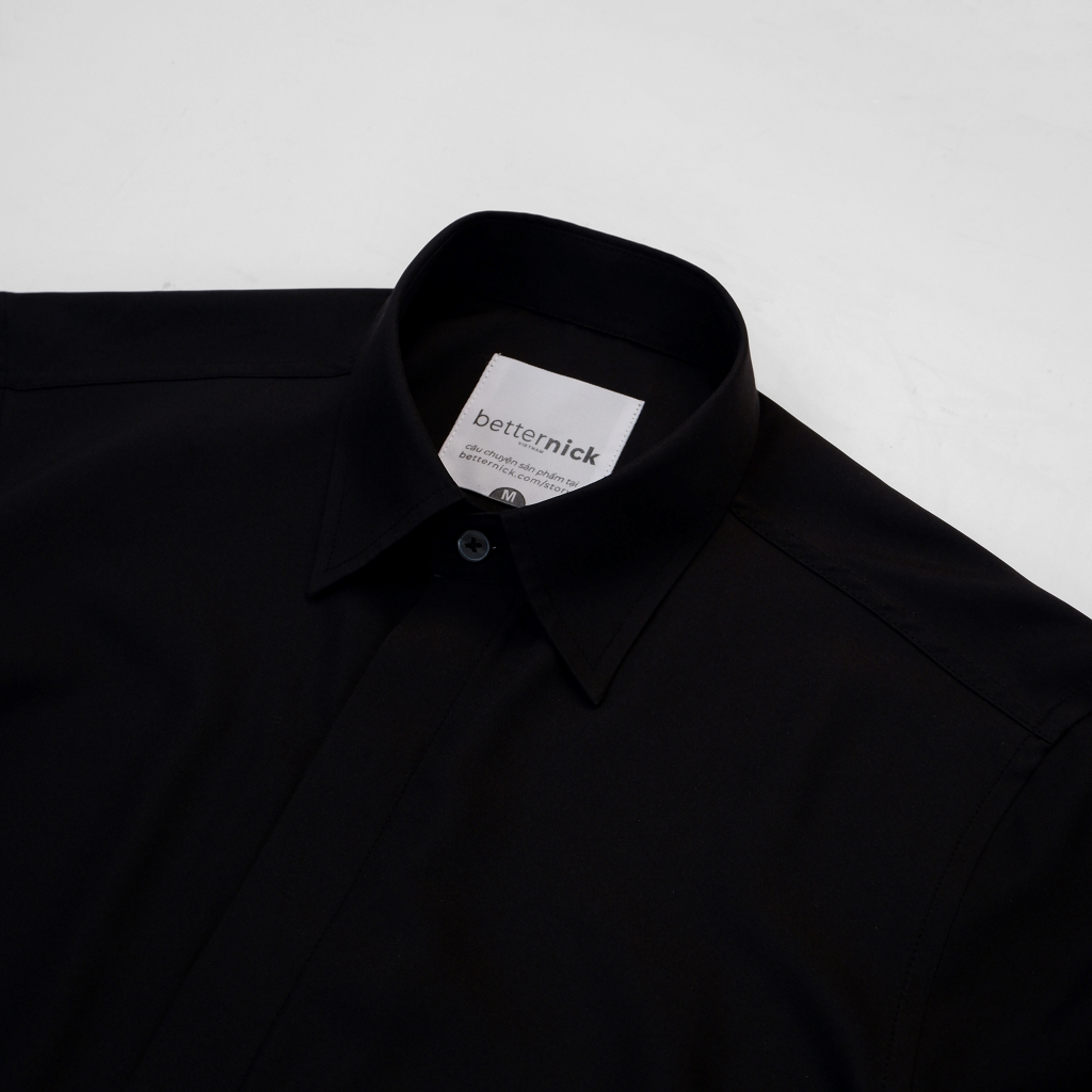 Áo sơmi nam cổ bẻ, màu Đen không túi, dài tay betterNick