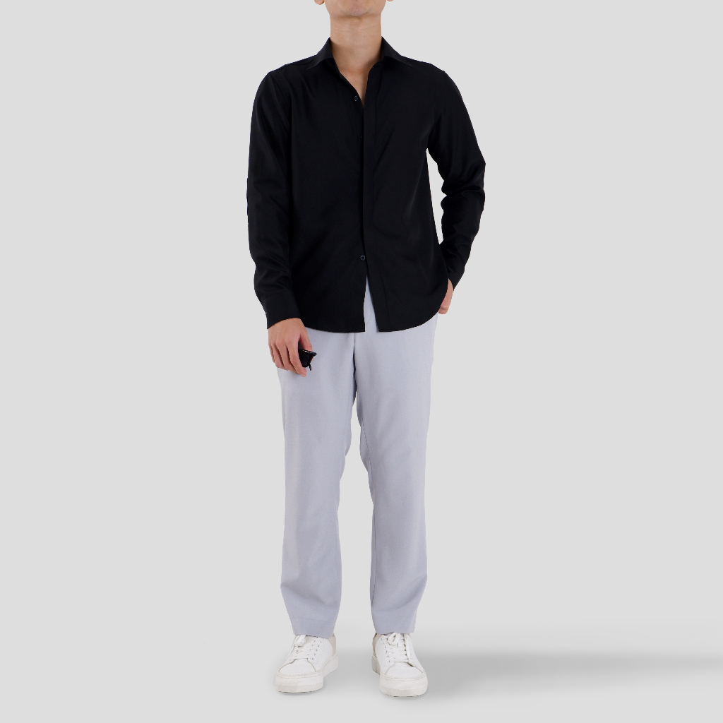 Áo sơmi nam cổ bẻ, màu Đen không túi, dài tay betterNick