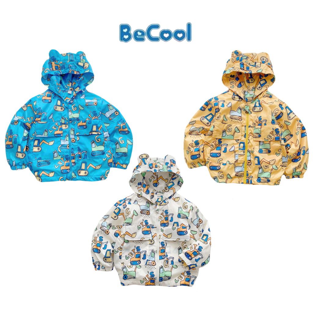 Áo Khoác Gió Cho Bé BECOOL, Áo Khoác Lót Nỉ In Hoạ Tiết Máy Xúc Cho Bé Từ 10-27Kg