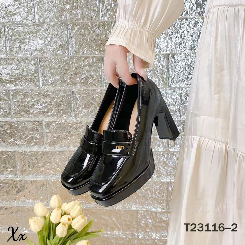 Giày cao gót miu đế đúp mũi vuông tag chữ đồng gót trụ