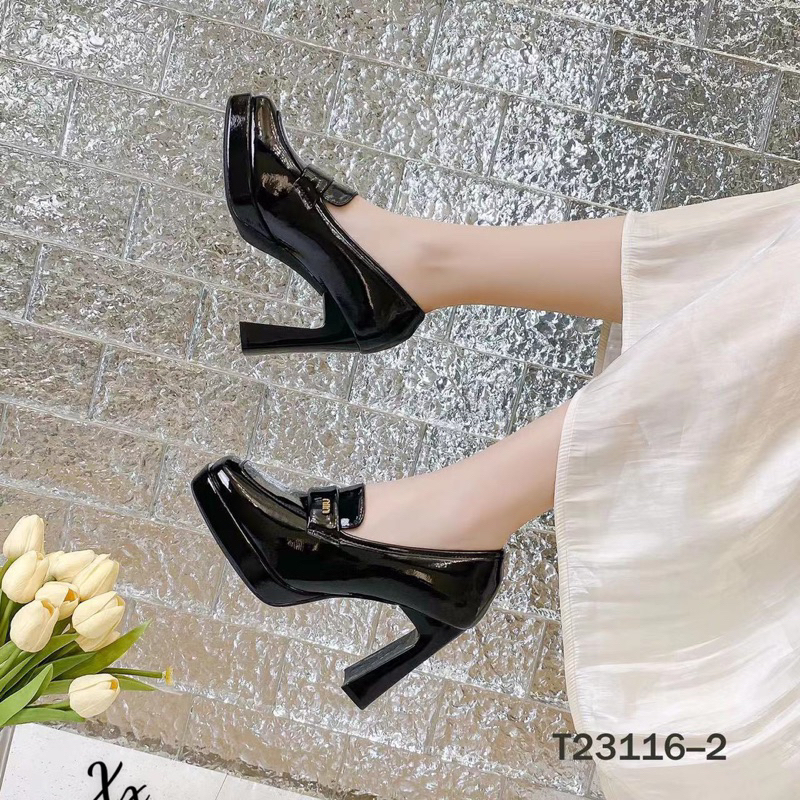 Giày cao gót miu đế đúp mũi vuông tag chữ đồng gót trụ