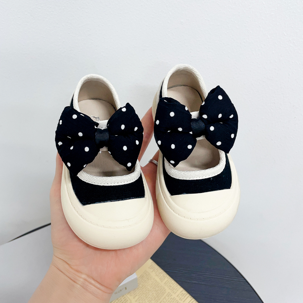 Giày tập đi quai dán tiên lợi gắn Nơ chấm bi dễ thương cho bé gái
