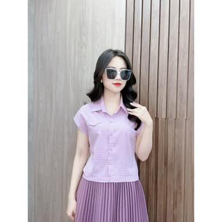 Áo sơ mi kẻ nhật  mix chân váy chéo hàn xếp ly cao cấp Evalover