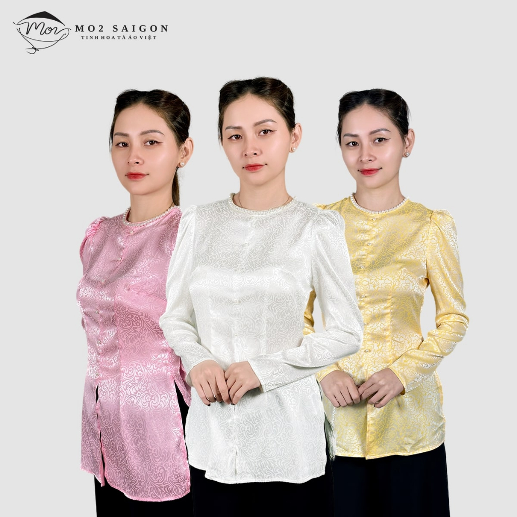 Áo bà ba nữ gấm lụa MO2 SAIGON cách tân tay phồng đính ngọc