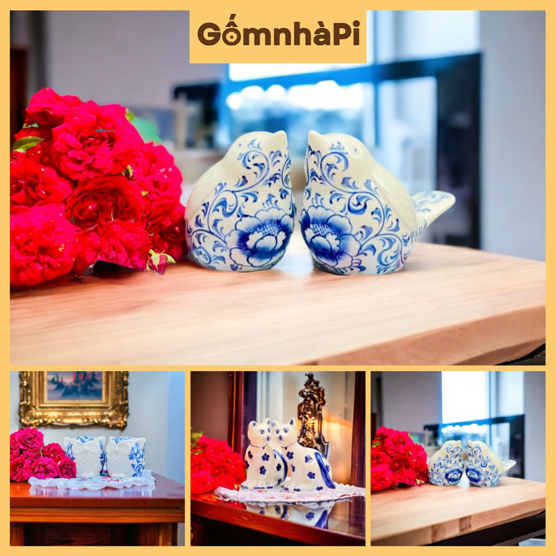 Chim/cú gốm sứ Bát Tràng, vẽ tay men lam trang trí nhà cửa