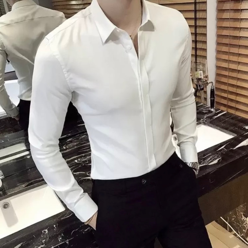 Áo Sơ Mi Trơn Giấu Cúc Trắng Đen Dài Tay Cao Cấp - Sơ Mi Chất Liệu Lụa Hàn Mềm Mịn