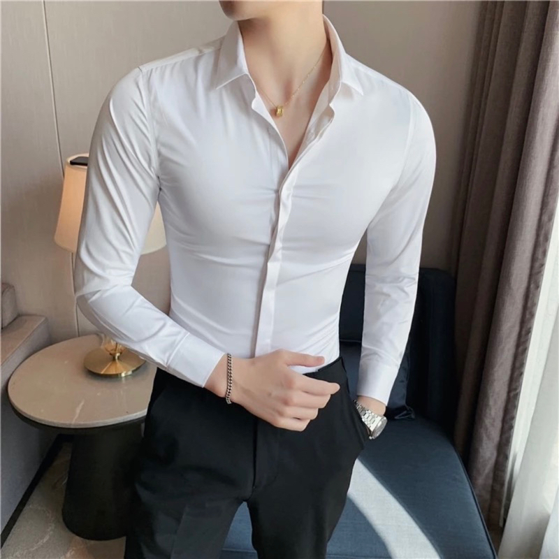 Áo Sơ Mi Trơn Giấu Cúc Trắng Đen Dài Tay Cao Cấp - Sơ Mi Chất Liệu Lụa Hàn Mềm Mịn