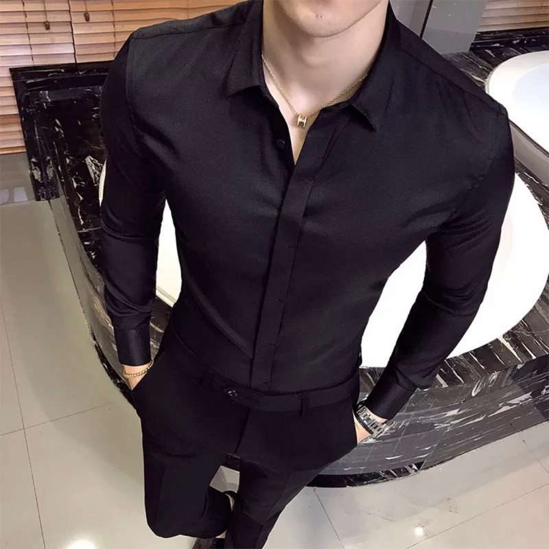 Áo Sơ Mi Trơn Giấu Cúc Trắng Đen Dài Tay Cao Cấp - Sơ Mi Chất Liệu Lụa Hàn Mềm Mịn