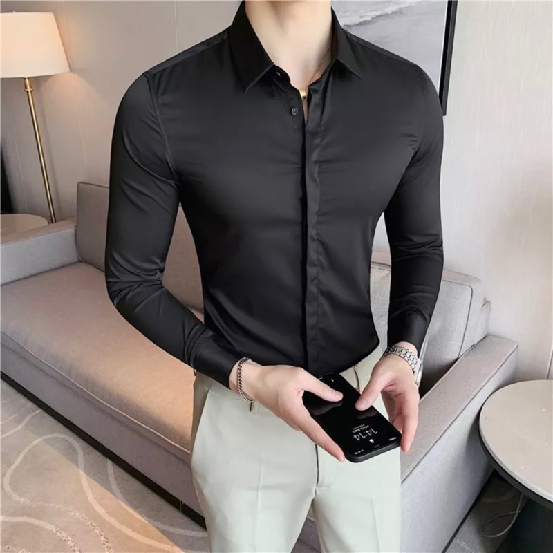 Áo Sơ Mi Trơn Giấu Cúc Trắng Đen Dài Tay Cao Cấp - Sơ Mi Chất Liệu Lụa Hàn Mềm Mịn