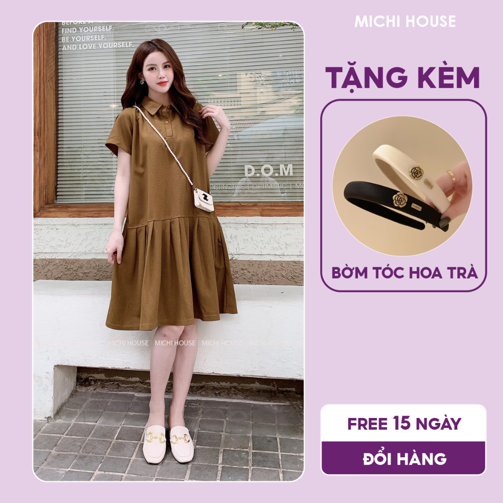 Set Váy Xuông Polo Xếp Ly MICHI House Kèm Bờm Tóc Đầm Suông Cổ Polo Trẻ Trung Mặc Mát Co Dãn Freesize Thoải Mái V408