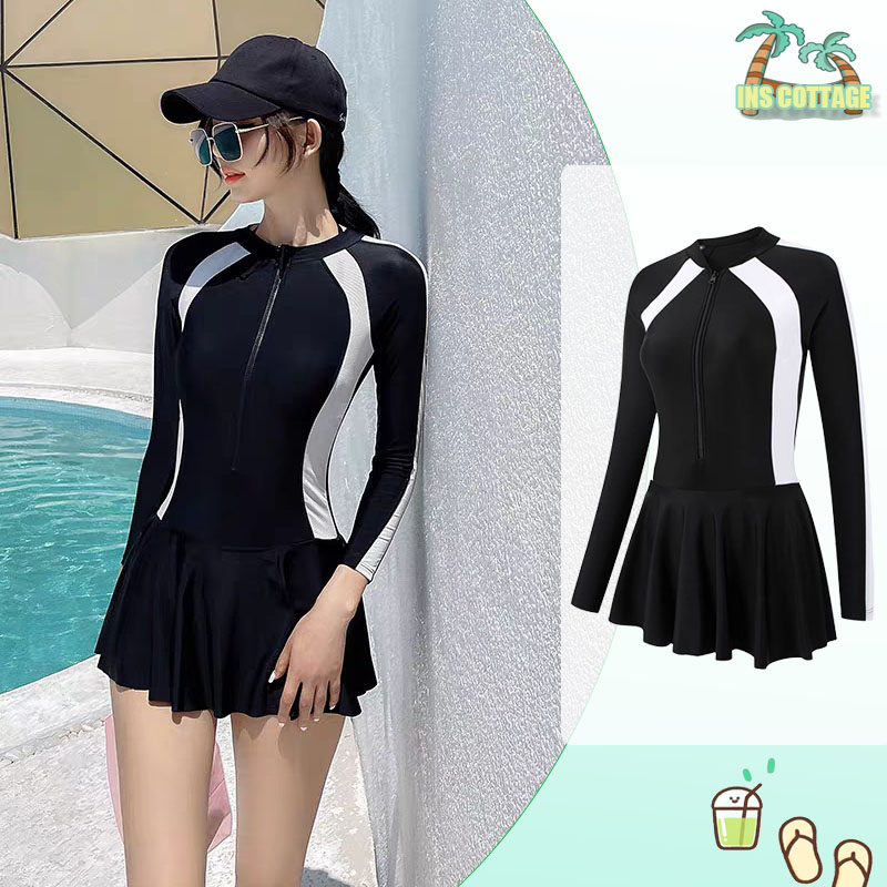 【INS】Bikini 1 mảnh đi biển đồ bơi nữ tay dài kín đáo áo tắm nữ liền thân Đồ bơi giả váy nữ đi biển kín đáo dành cho bạn