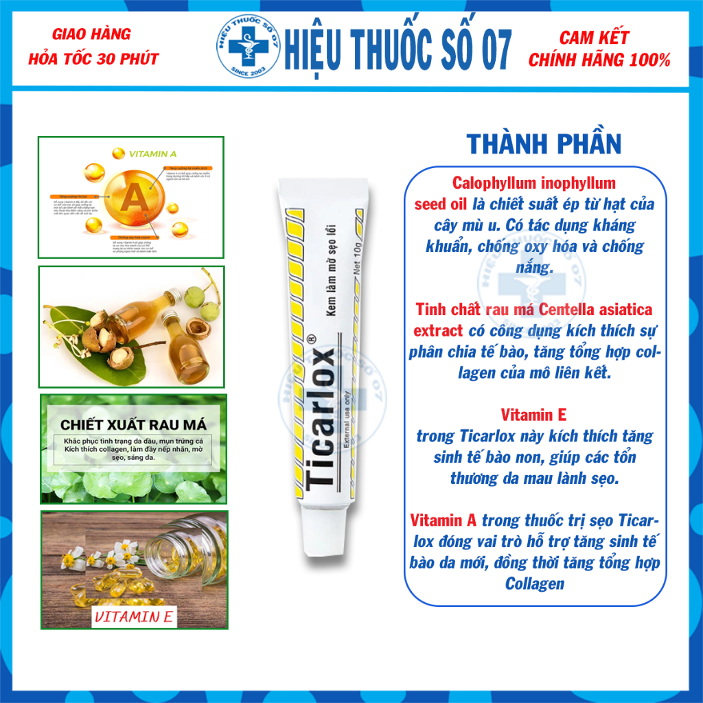 Kem mờ sẹo lồi Ticarlox 10g -  Làm mờ dần vết sẹo và thâm trên da
