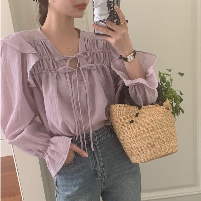 Sơ mi nữ tay dài vai cánh tiên cổ buộc dây nơ điệu đà áo sơmi nữ voan mỏng mềm cực xinh 8625