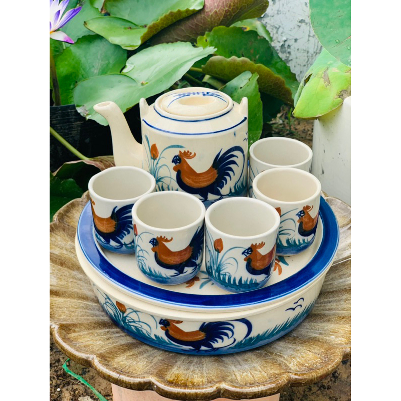 Combo 1 Ấm 500ml + 5 Tách + 1 Khây Trà Gà Vẽ Tay