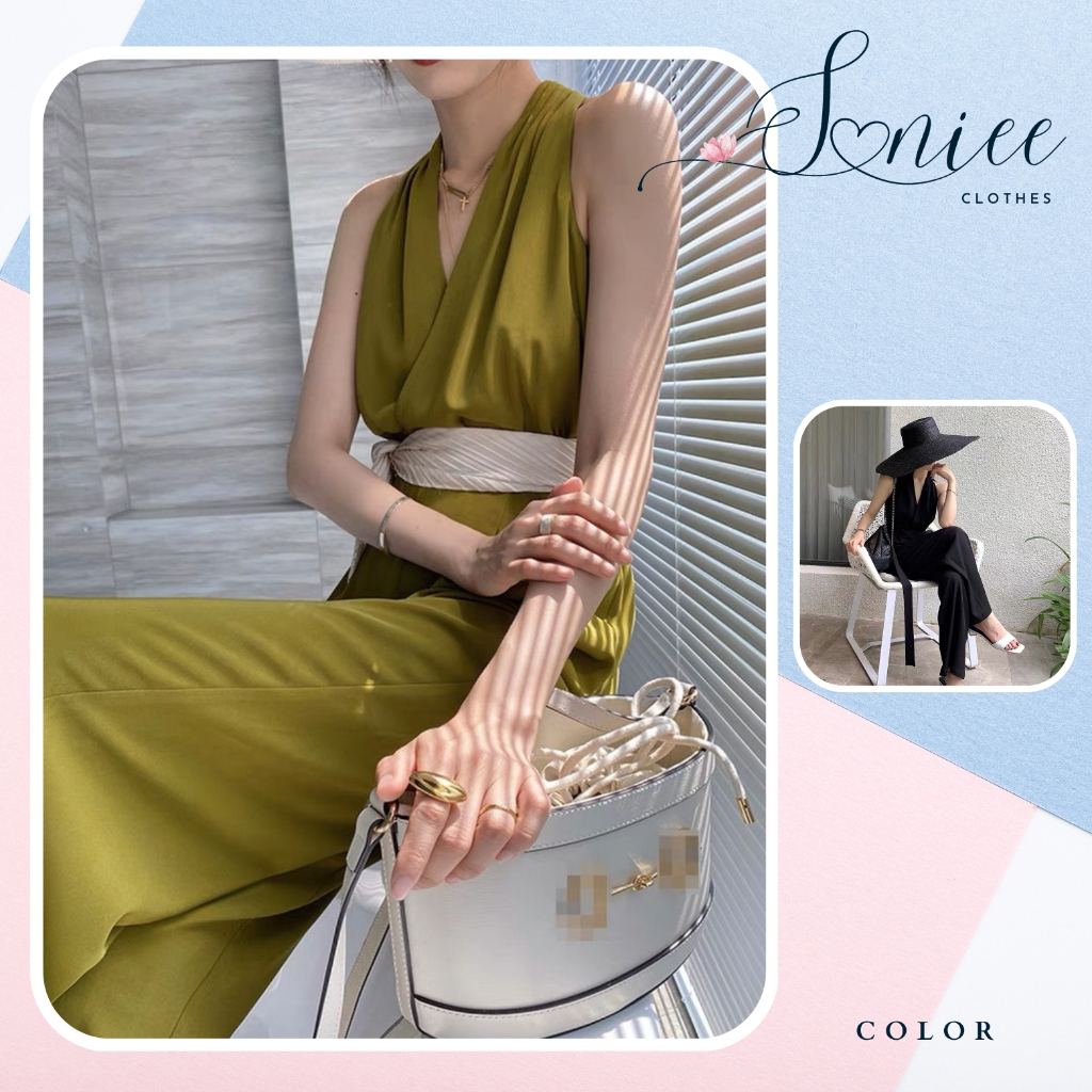 Sét Jumpsuit nữ dài sát nách liền thân phối nơ chất lụa mango mềm không nhăn SanieeClothes
