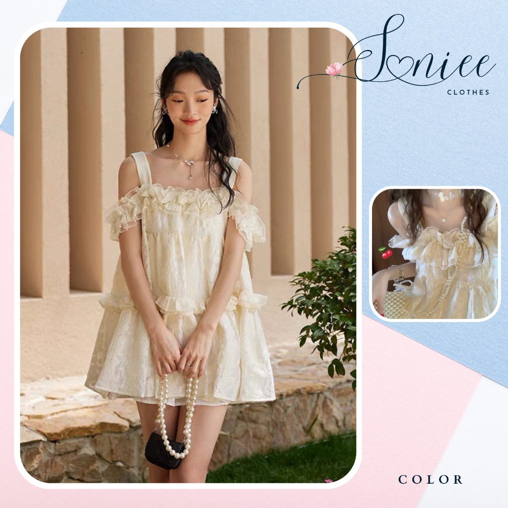 Váy babydoll nữ 2 dây trễ vai bèo nhún phối hoa nổi đầm tiểu thư dáng xòe 2 lớp SanieeClothes