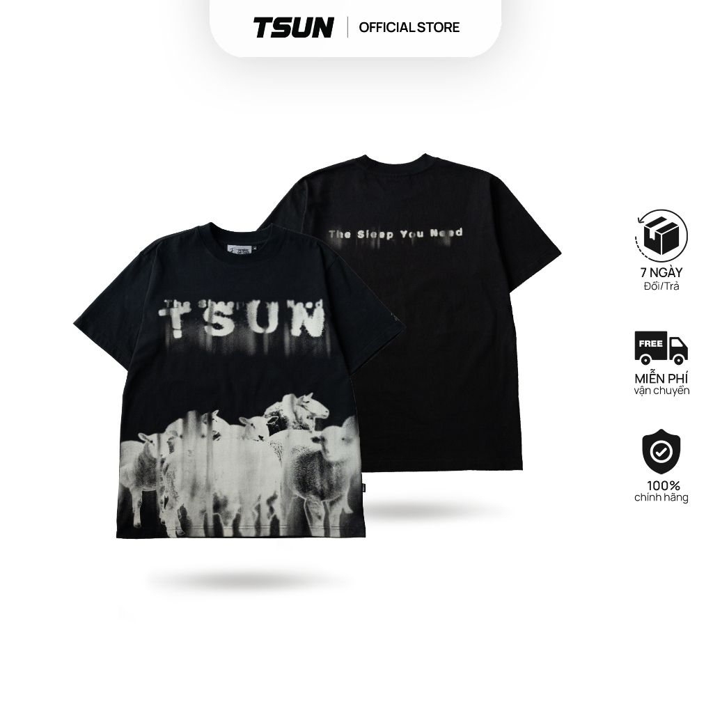 Áo Thun TSUN Sheeps Tee - [UNISEX] - Đen - In - Thêu Tay Áo