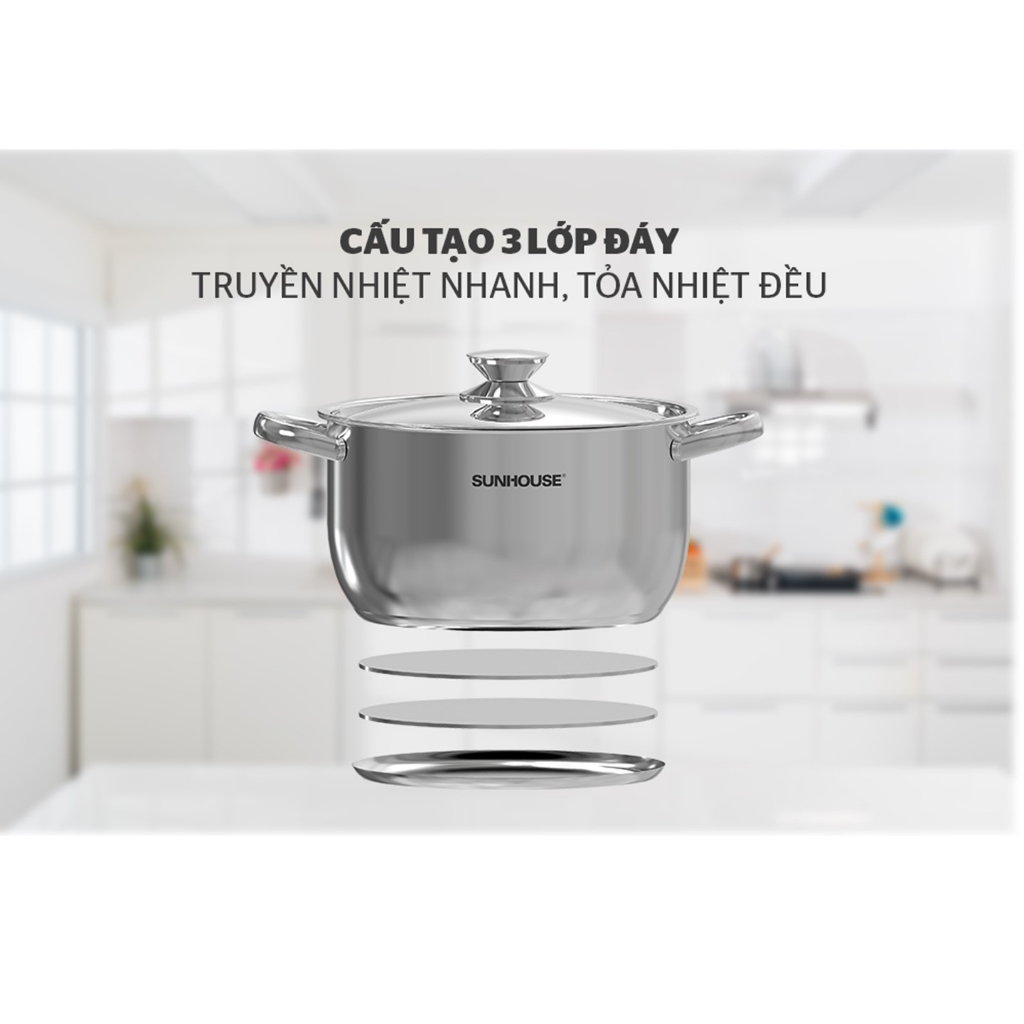 Bộ nồi inox 3 đáy Sunhouse nắp inox SHG302 3 size 16/20/24cm dùng trên mọi loại bếp-KIMBAO