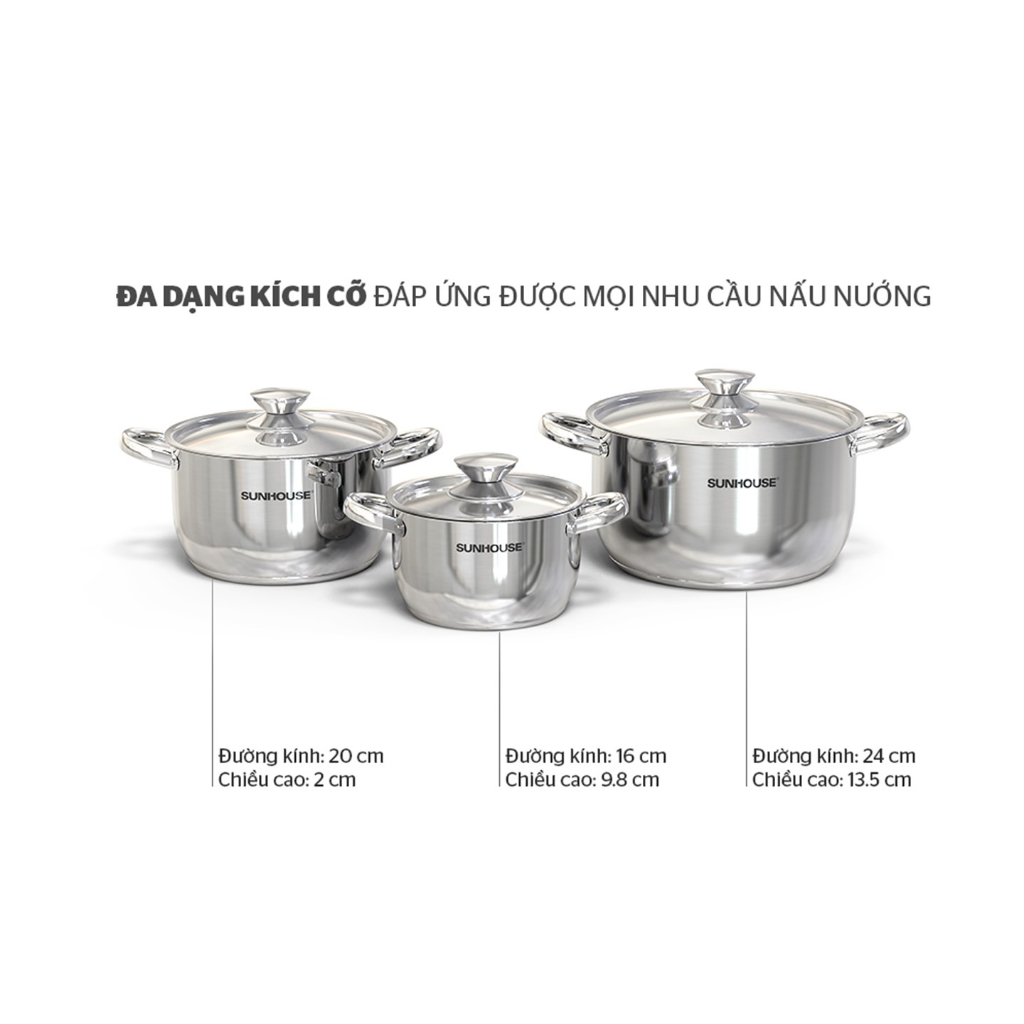 Bộ nồi inox 3 đáy Sunhouse nắp inox SHG302 3 size 16/20/24cm dùng trên mọi loại bếp-KIMBAO
