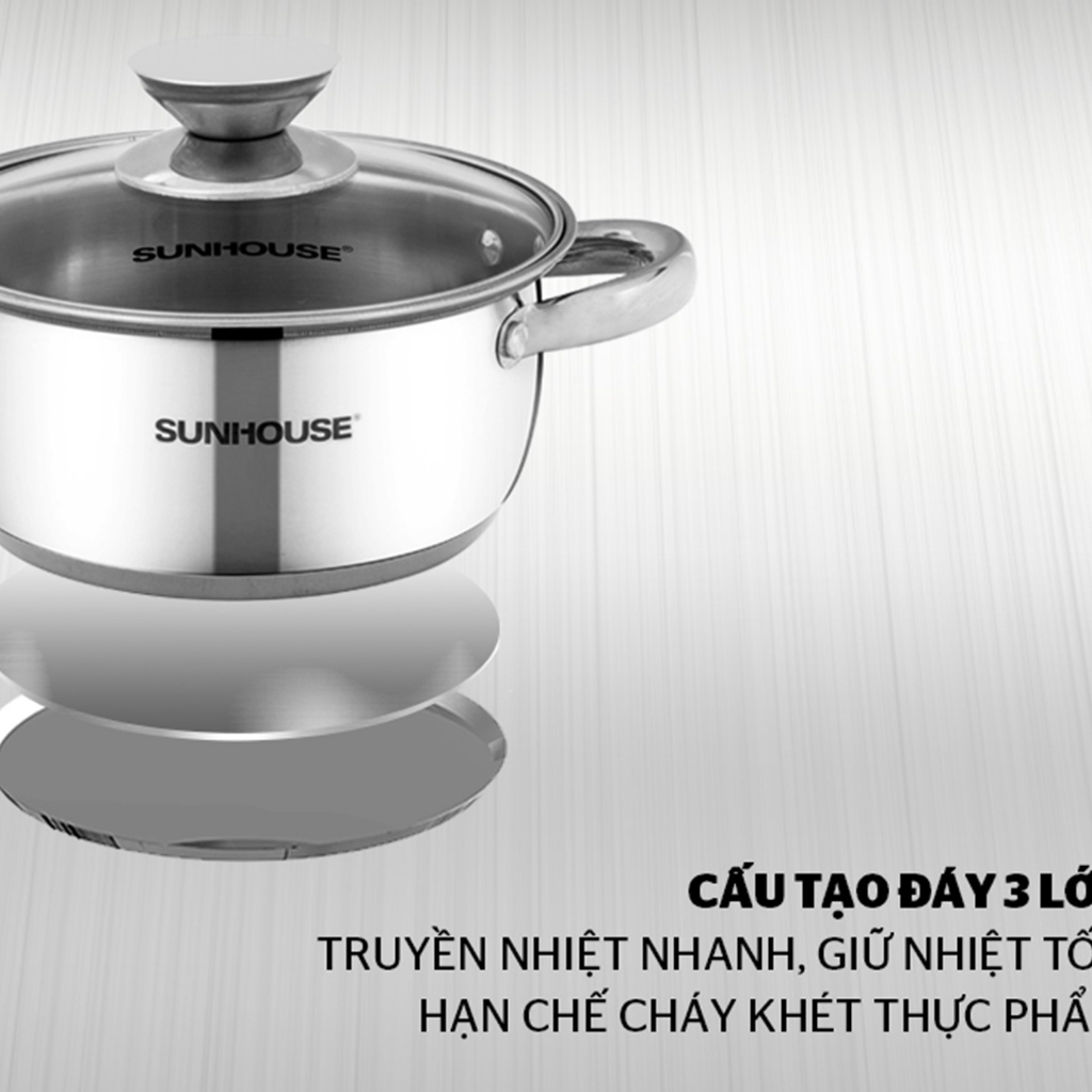 Nồi inox 3 đáy SUNHOUSE SH22116-SH22124 size 16/20/24cm hàng chính hãng-KIMBAO