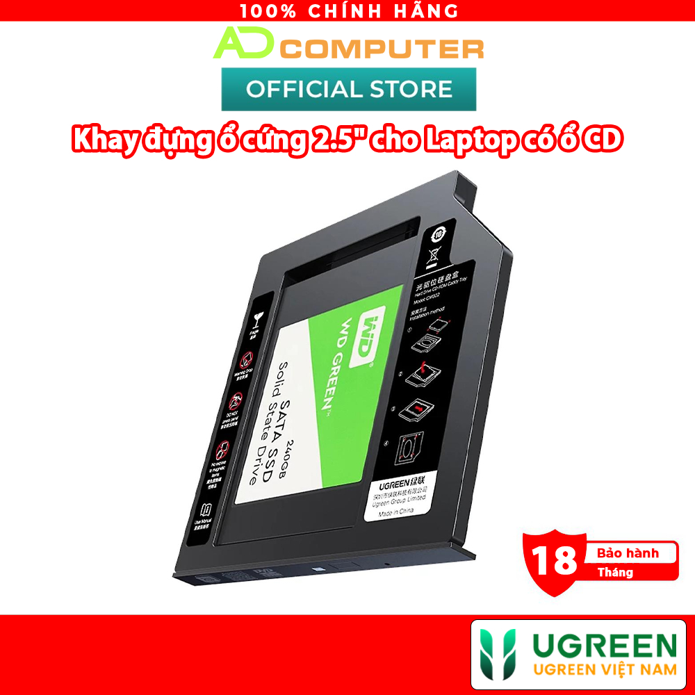 Khay đựng ổ cứng 2.5" cho Laptop có ổ CD mỏng 9.5mm UGREEN 70657 cao cấp - Hàng phân phối chính hãng - Bảo hành 18 tháng