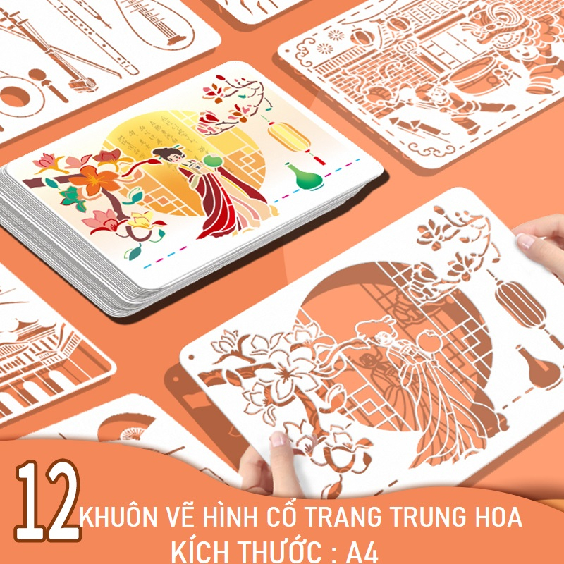 Bộ 12 khuôn vẽ tranh A4 cổ trang và phong cảnh Trung hoa 21 x 29.7cm