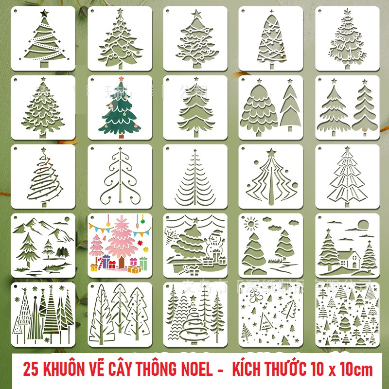 Bộ 25 khuôn rỗng vẽ tranh cây thông trang trí Giáng sinh 10 x 10cm