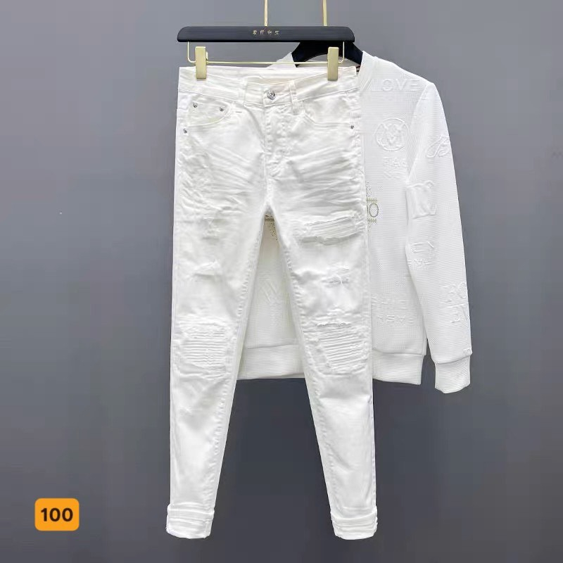 Quần jean nam dài trắng rách vá da cao cấp - chất denim co giãn nhẹ - TUẤN KIỆT Store 8888 Ms100