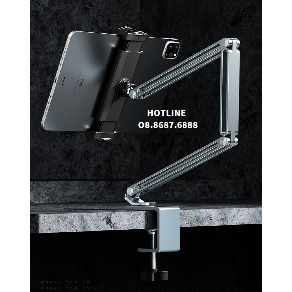 Arm nâng, Giá đỡ tay nâng máy tính bảng kẹp bàn kiêm giá đỡ kẹp giữ iPad, iPhone, Tablet xoay 360 độ.