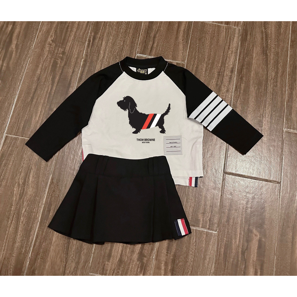 Set áo thun Thom chó 3 sọc dài tay raglan kèm chân váy cho bé , bộ quần áo thu đông bé gái , Kid_genz