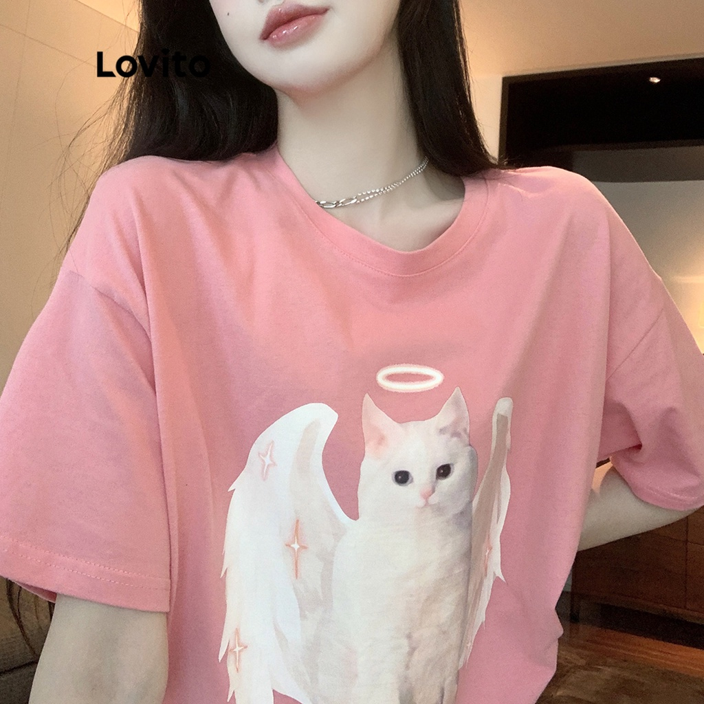 Áo thun ngắn tay cổ tròn họa tiết hoạt hình đơn giản cho nữ