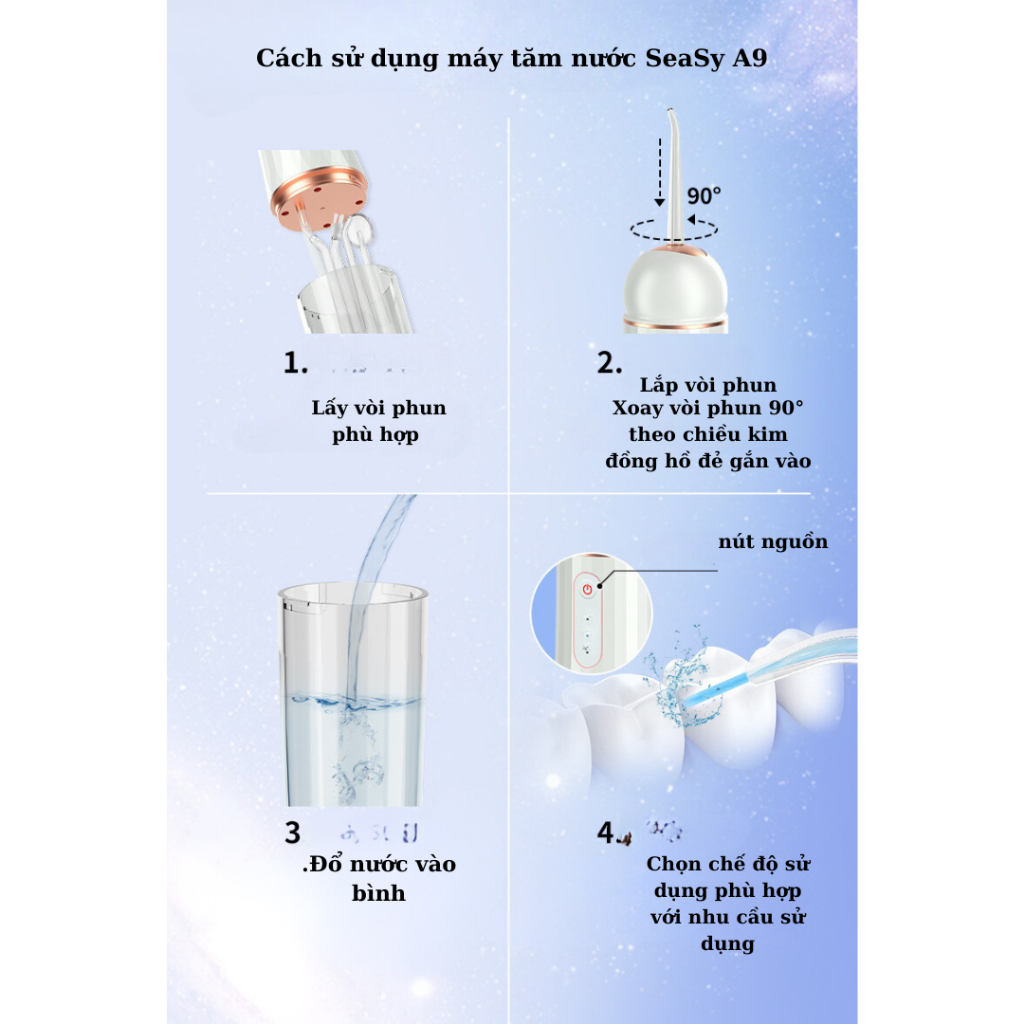 Máy Tăm Nước Cầm Tay SeaSy A9 Pro 3 Chế Độ Vệ Sinh Răng Miệng - Tặng Kèm 4 Đầu Tăm Chuyên Dụng