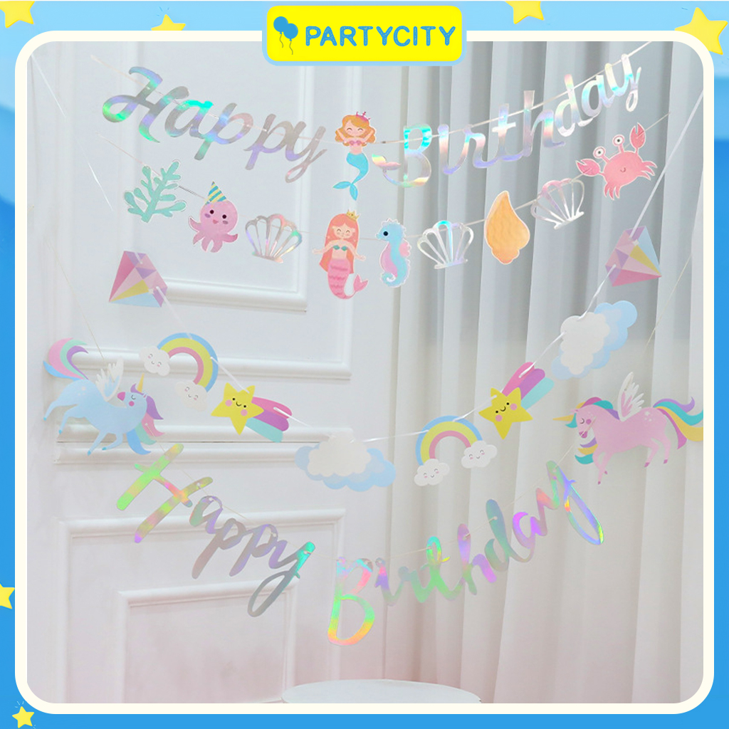 Dây chữ trang trí sinh nhật chủ đề nàng tiên cá, ngựa pony kèm dây stick