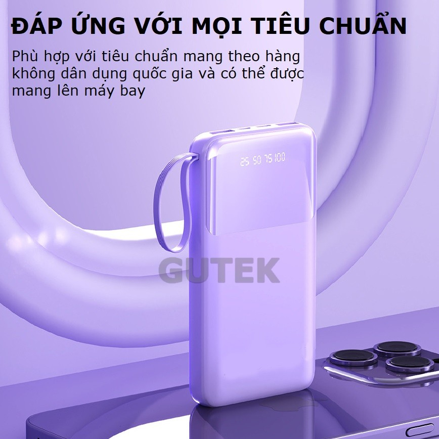 Sạc dự phòng 20000mAh Gutek XY229 pin dung lượng lớn tích hợp dây sạc nhanh cho nhiều thiết bị điện thoại