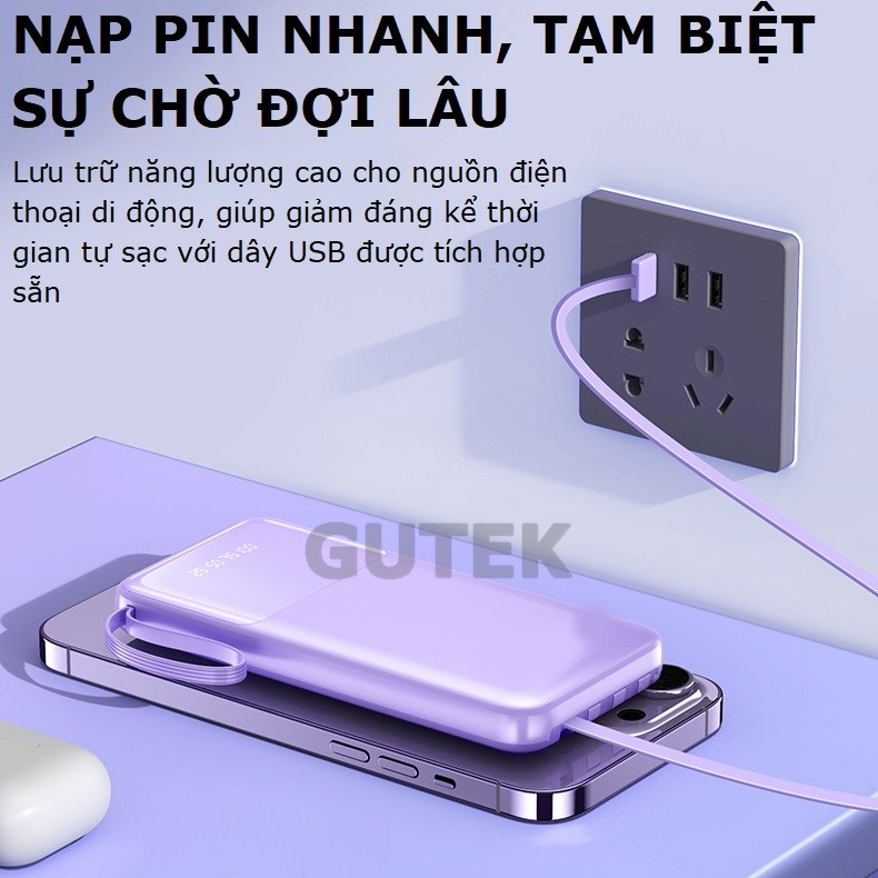 Sạc dự phòng 20000mAh Gutek XY229 pin dung lượng lớn tích hợp dây sạc nhanh cho nhiều thiết bị điện thoại