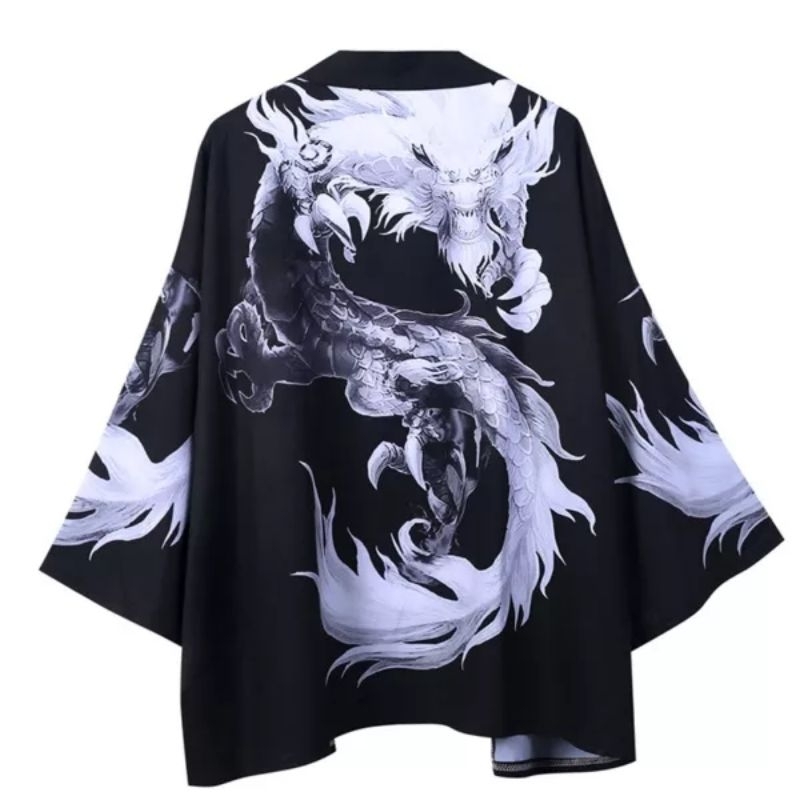 Áo khoác kimono, áo haori in họa tiết hình rồng trắng đen, cosplay phong cách Nhật Bản, Trung Quốc