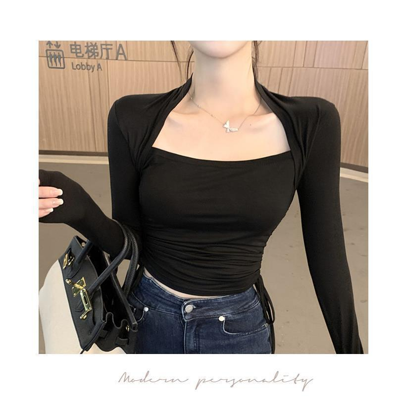 Áo Thun Nữ Dài Tay Cổ Vuông Nỉ Thu Đông Rút Hông Dáng Áo Croptop Vải Mềm Quảng Châu Cao Cấp LIZ-A350.1