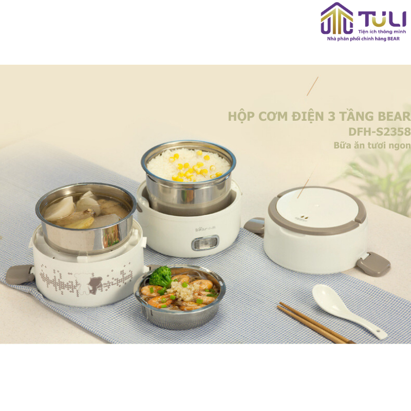 Hộp cơm cắm điện trưa văn phòng đa năng3 tầng 2L Bear DFH S2358, giữ nhiệt hâm nóng/nấu/hấp, mang đi, Chính Hãng, BH 18t