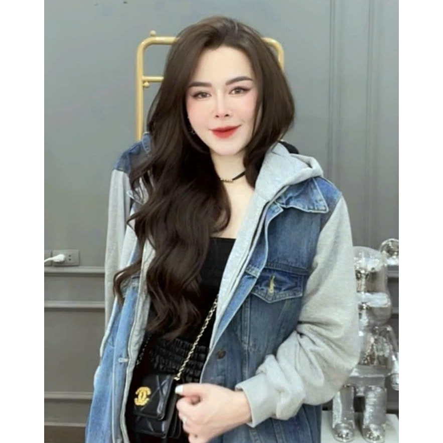 Áo Khoác Jean nữ-Áo khoác bò có mũ phối tay-Áo khoác nhẹ thu đông