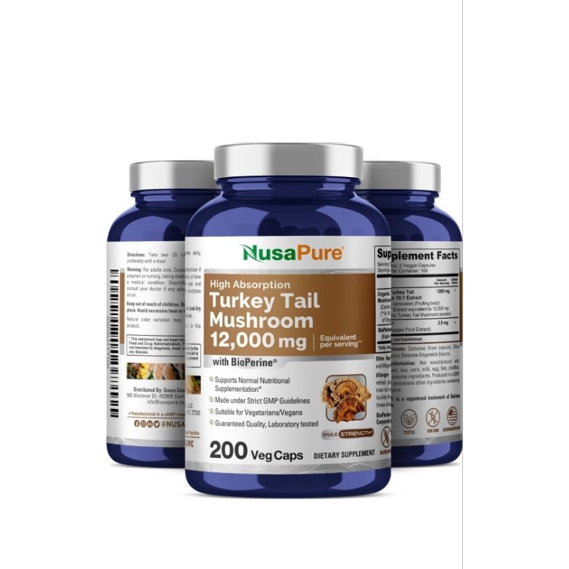 NusaPure Turkey Tail Mushroom 12.000mg Hữu Cơ Nấm Vân Chi Trẻ Hóa, Tăng Miễn Dịch, Hỗ Trợ Ung Bướu