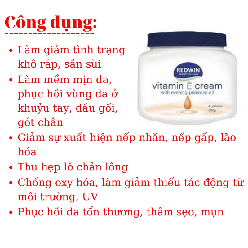Kem Dưỡng Da Vitamin E Redwin Có Chứa Tinh Dầu Hoa Anh Thảo Cấp Ẩm, Làm Sáng Da Body Cream