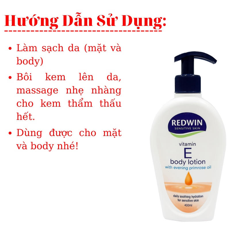 Kem Dưỡng Da Vitamin E Redwin Có Chứa Tinh Dầu Hoa Anh Thảo Cấp Ẩm, Làm Sáng Da Body Cream